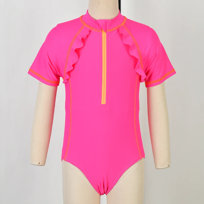 Girls' Contrasted Plain Color Ruffled Short Sleeve Rashguard