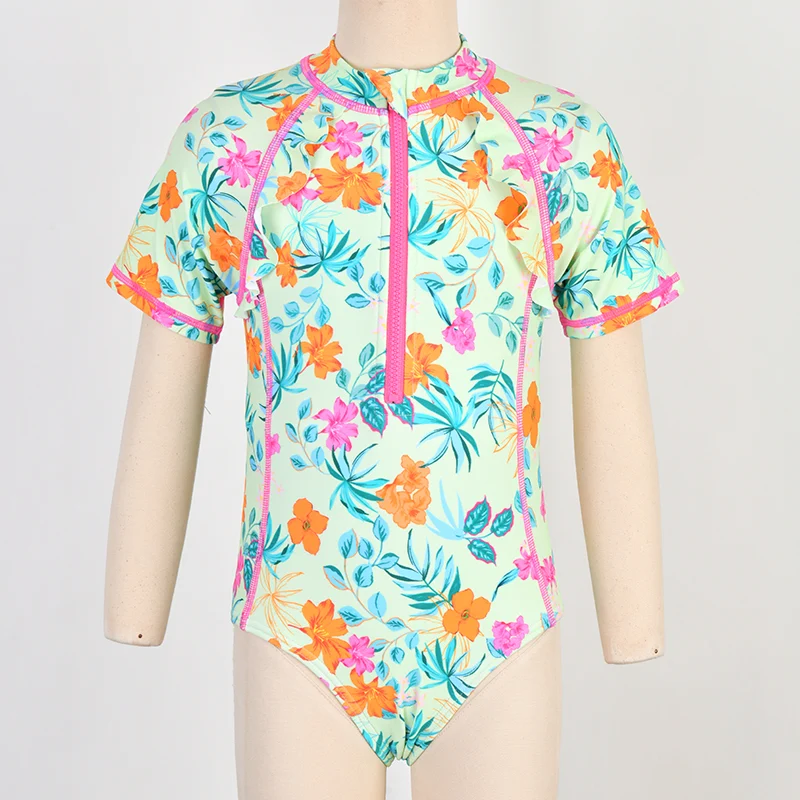 Girls' Contrasted Plain Color Short Sleeve Rashguard