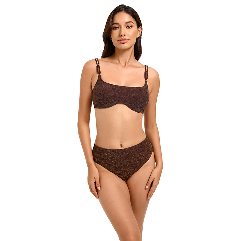 Metalized Decorative Strap Bandeau High Waist Bikini