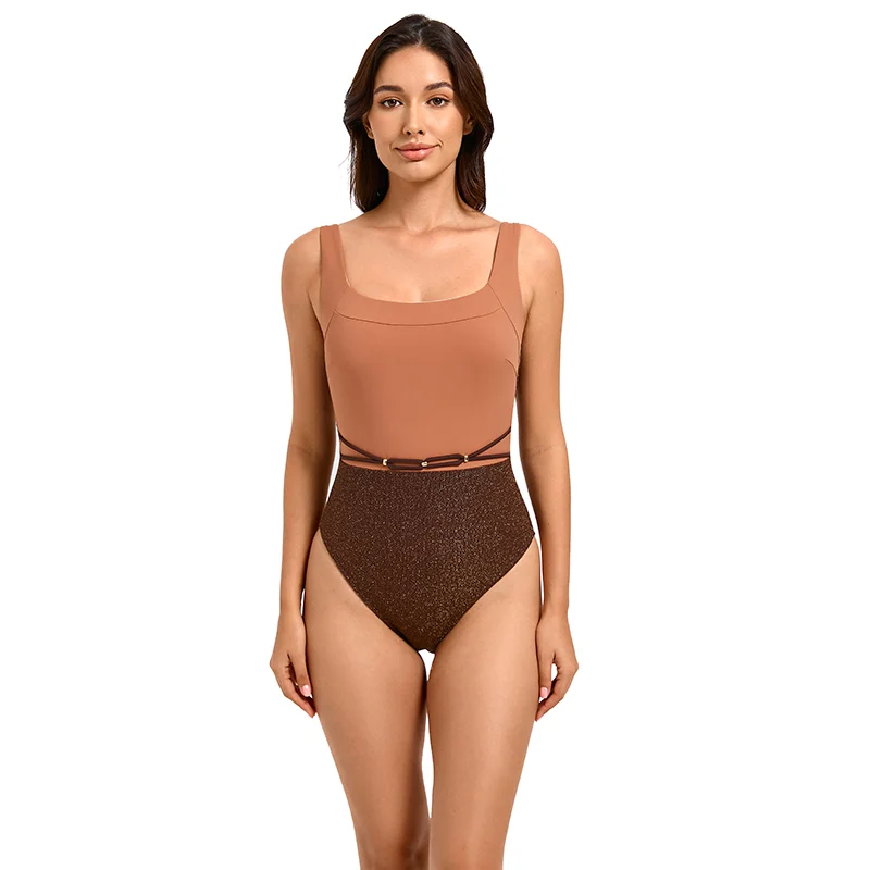 Metalized Square Neck One Piece Swimsuit