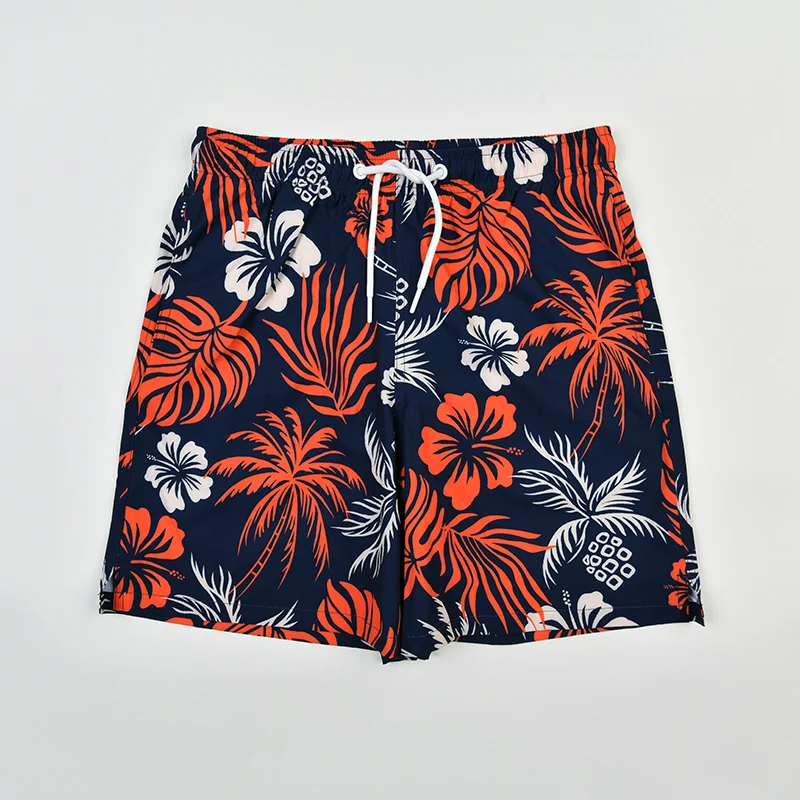 Navy & Orange Leaves Printed Board Shorts
