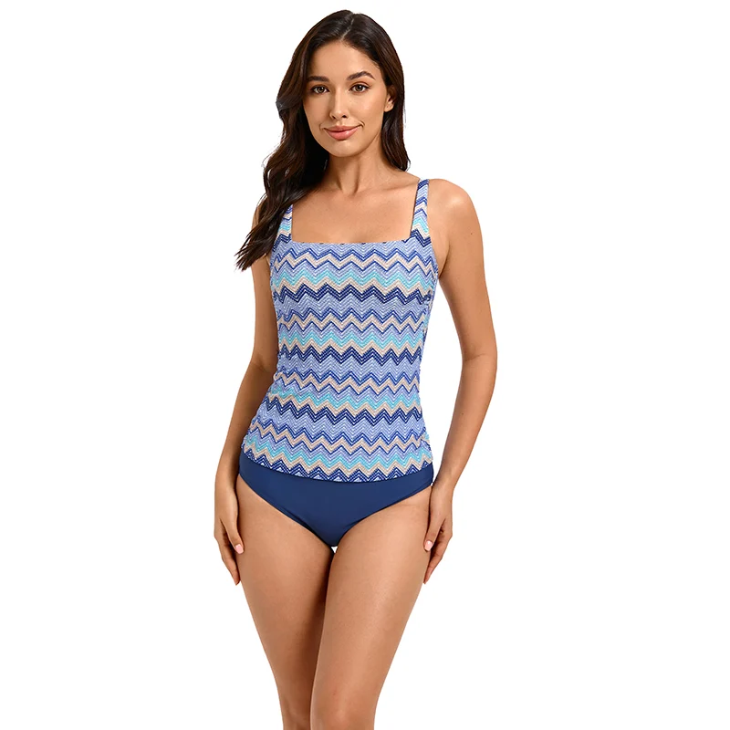 Square Neck Removable Print Jacquard Tankini