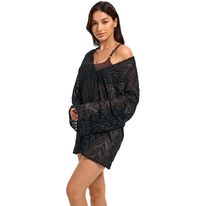 Women crochet plunge-neck bell-Sleeve cover-up